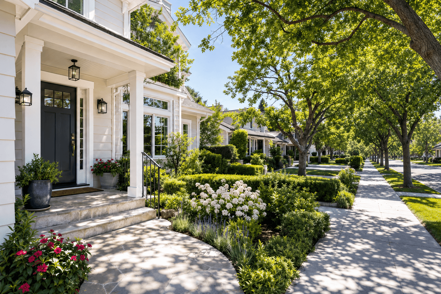 Covered front porch of a light-colored San Jose area home with a black front door, stone walkway, and tree-lined residential street