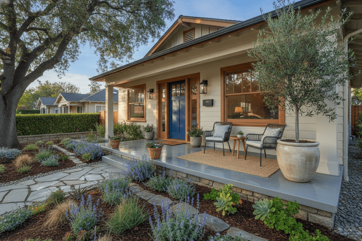 Prepared front porch, landscaping, and entry seating for seller presentation