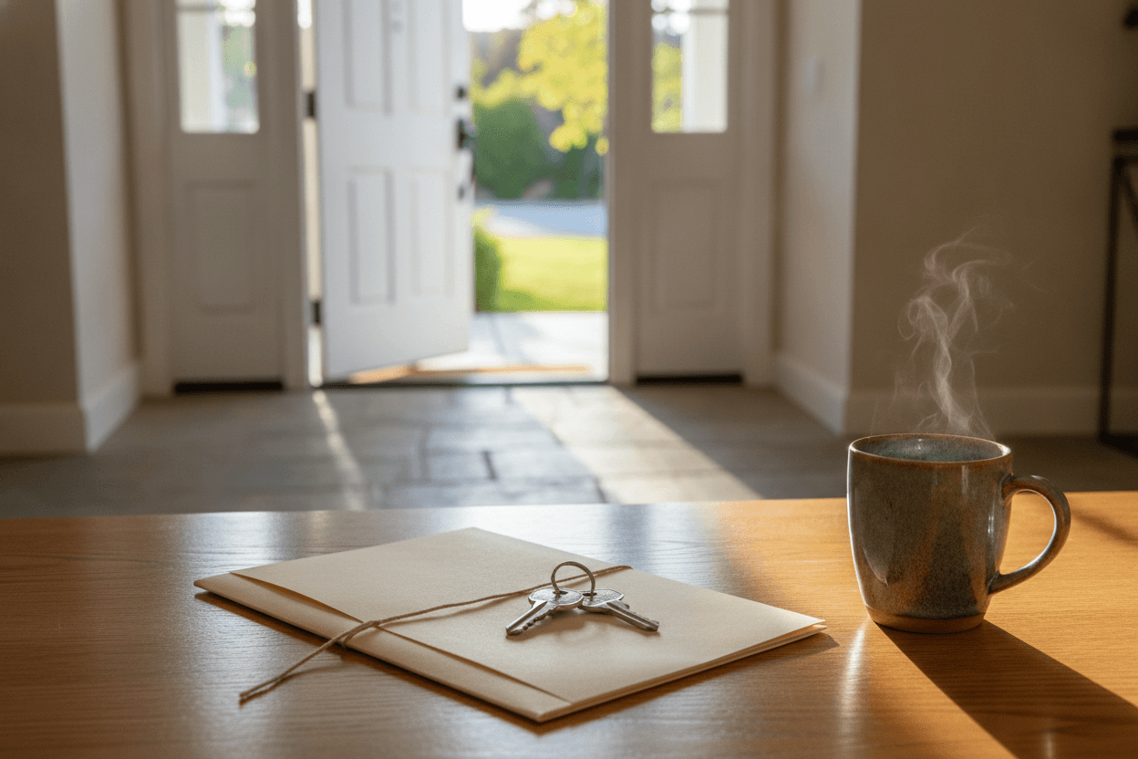 Keys and closing folder on a table near an open home entry