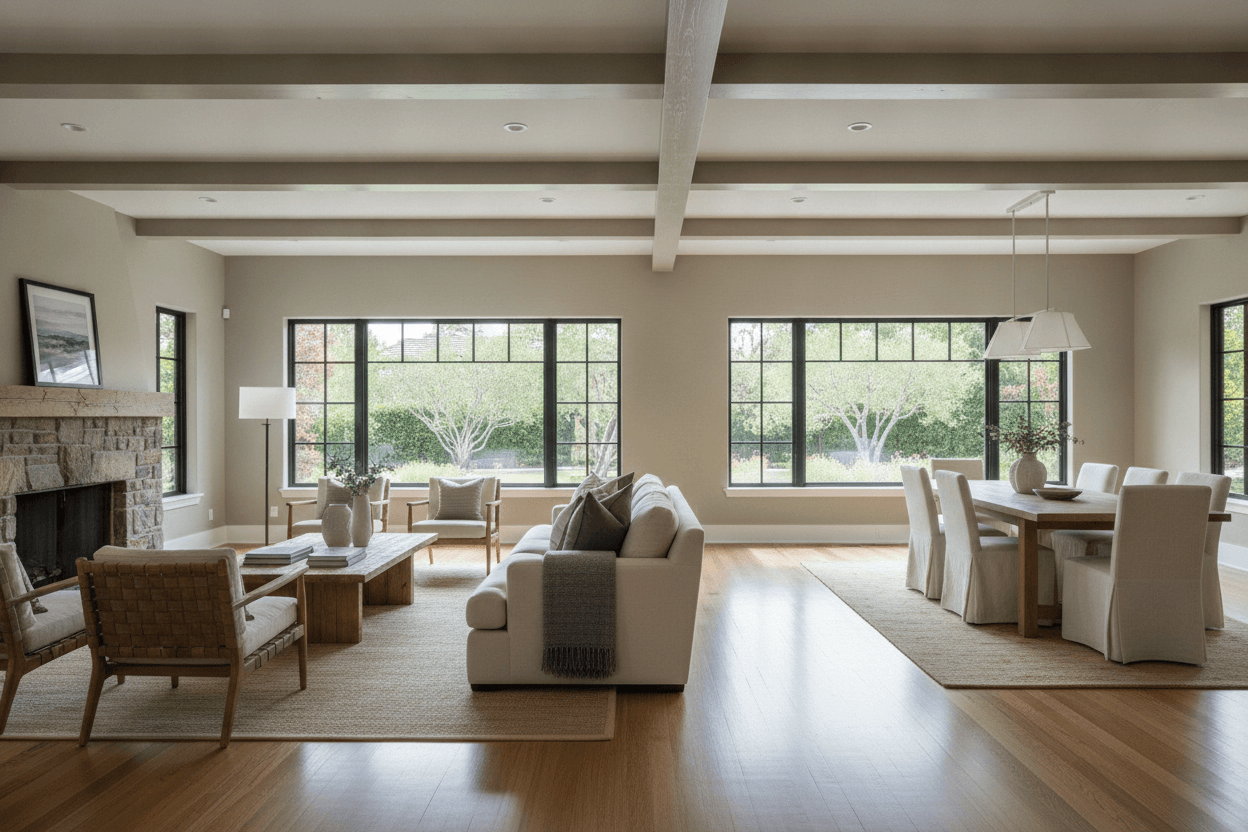Wide staged living and dining room with large windows for a buyer tour