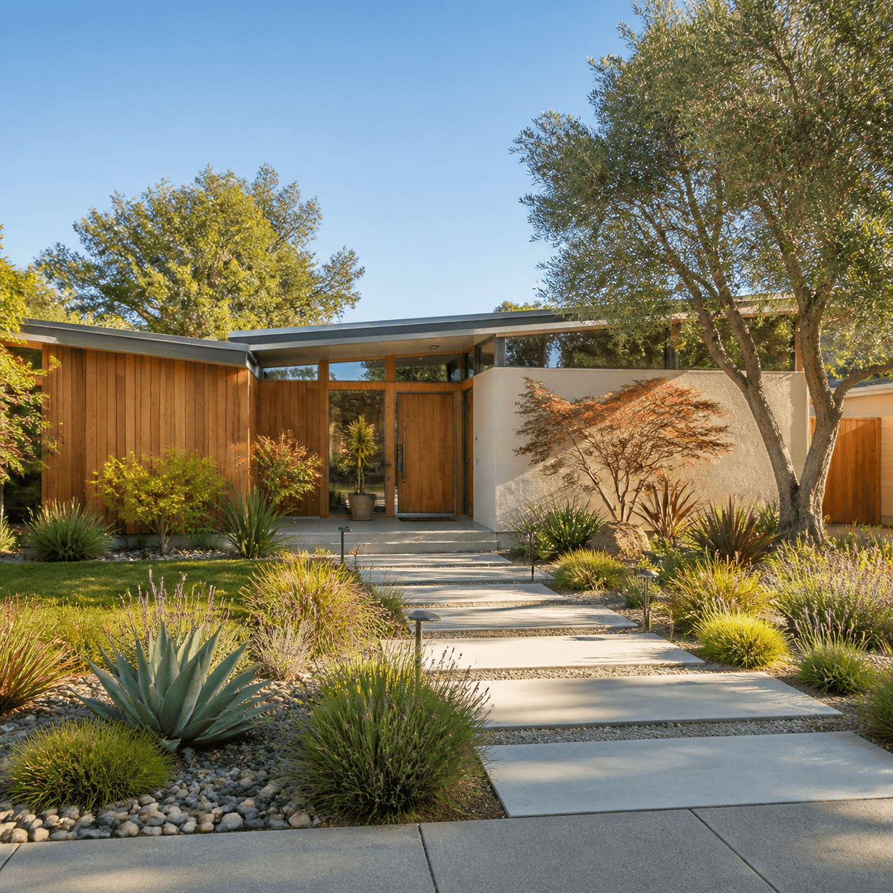 Eichler-inspired San Jose home with cedar siding and a landscaped garden path