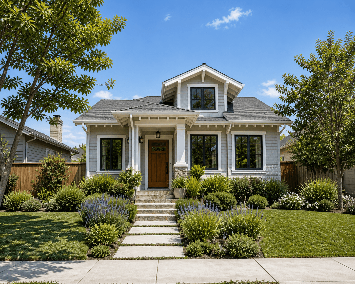 Full front view of a landscaped craftsman home in bright California daylight