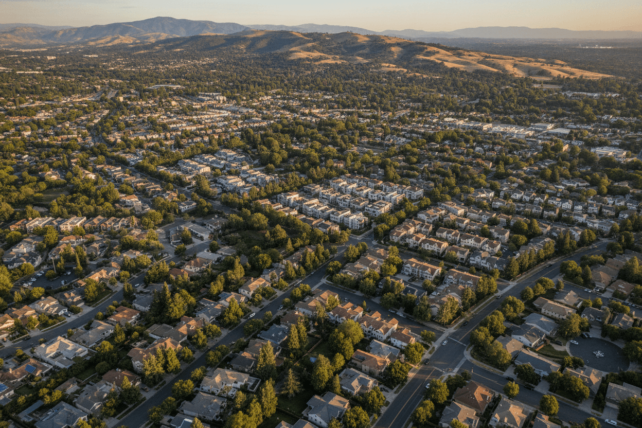 Illustrative aerial neighborhood context for a broad real estate market view