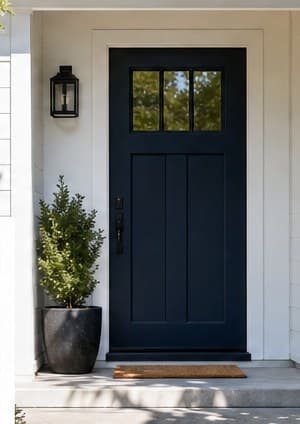 Deep navy front door with a dark planter beside it