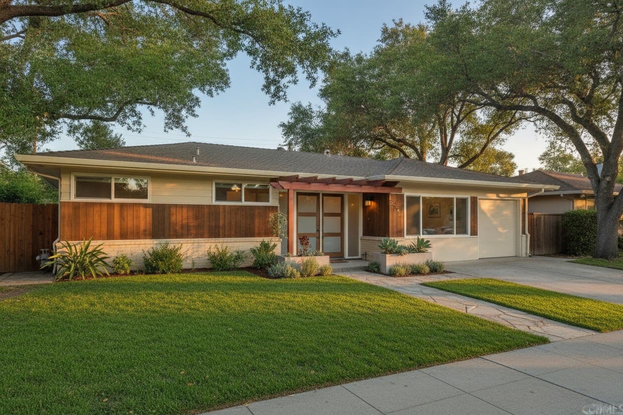 Prepared mid-century home with a landscaped front yard