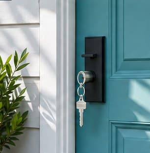 House key hanging from the lock of a teal front door