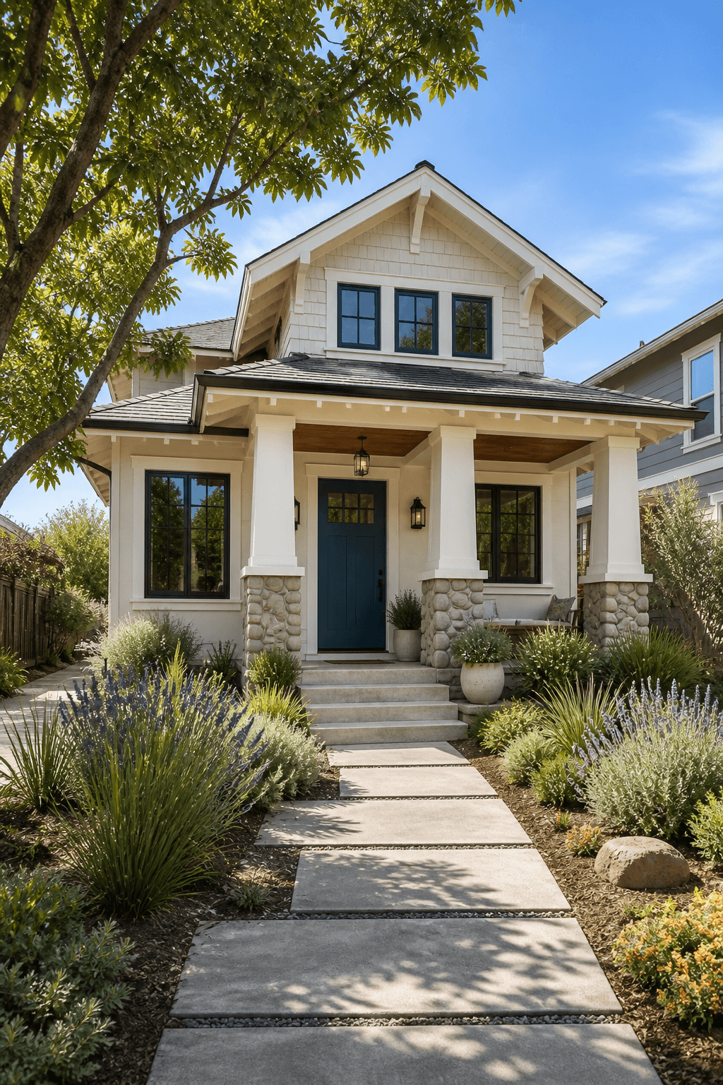 Craftsman bungalow with a lavender-lined front path in San Jose sunlight