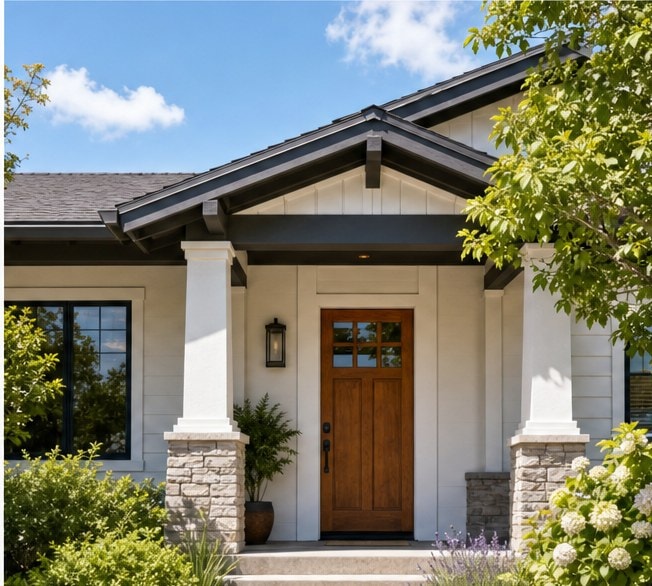 Craftsman porch with stone column bases and a wood front door